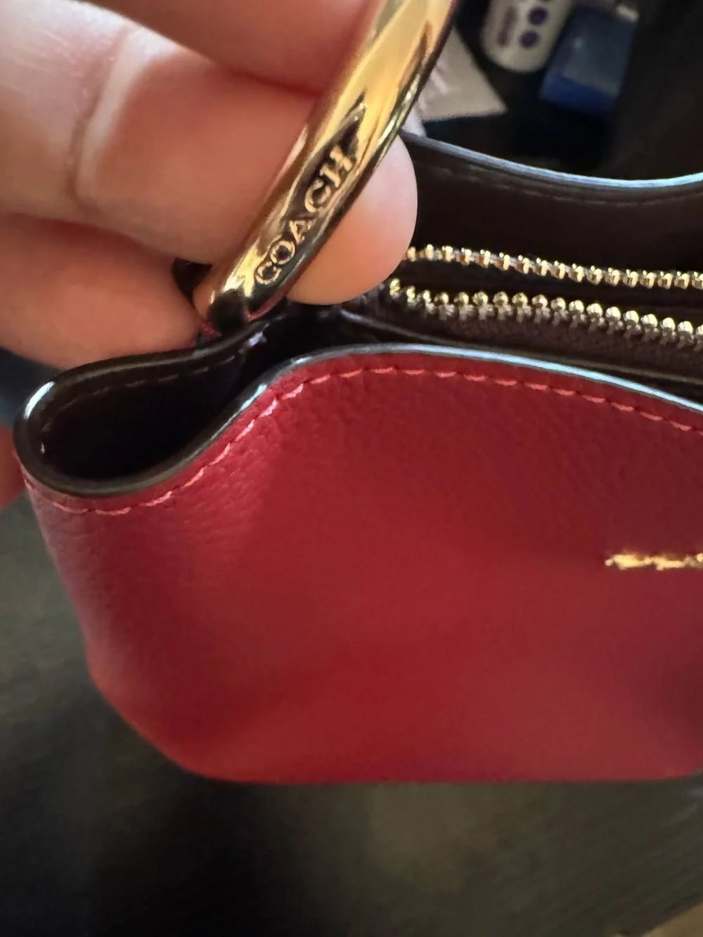 Coach Red Pebbled Leather Shoulder Tote with Gold Hardware Strap not included.